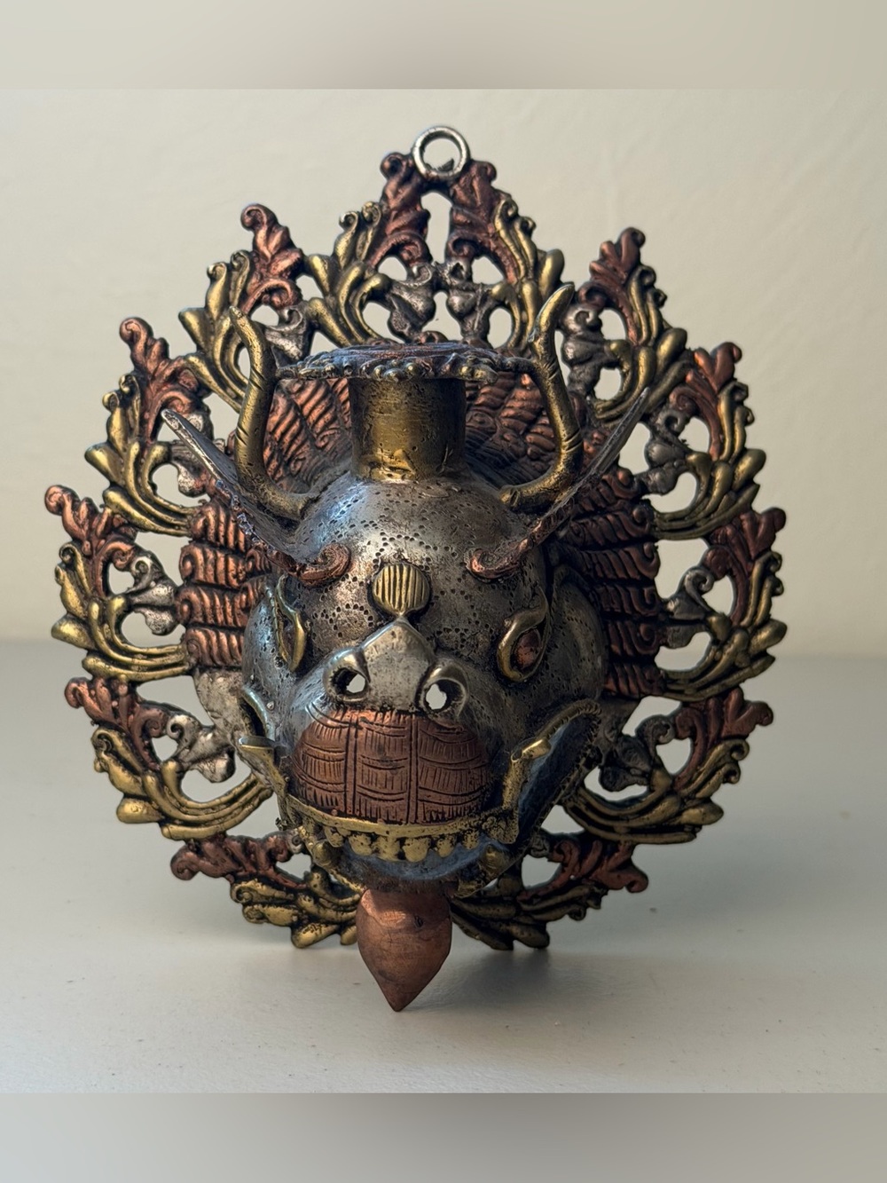 Vintage Nepalese Tibetan Dragon Head Wall Candle Holder Brass Copper 6.5”